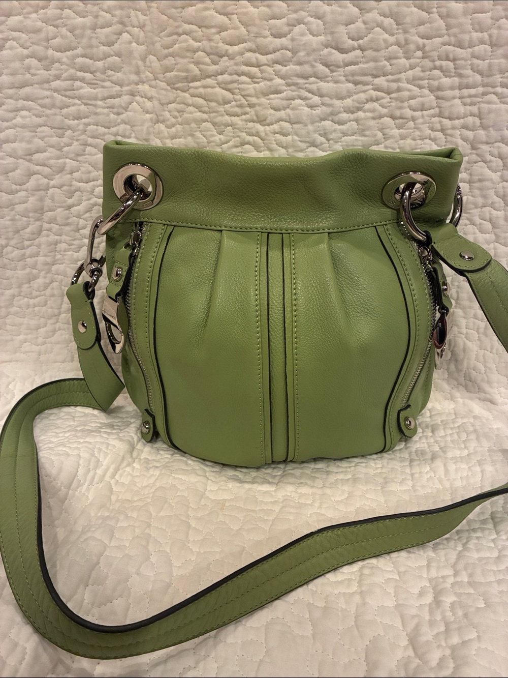 B. Makowsky Sage/Apple Green Pleated Leather Crossbody - Silver Hardware (ABBA)